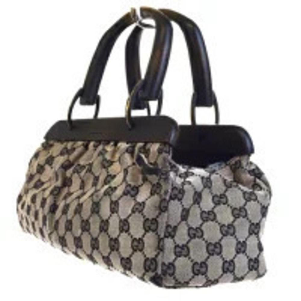 Gucci Handbag Canvas Brown GG Wood Leather Handle Brown